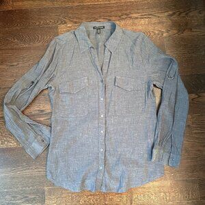 Eileen Fisher Grey Linen Cotton Blend Button Down Long Sleeve Shirt-XS